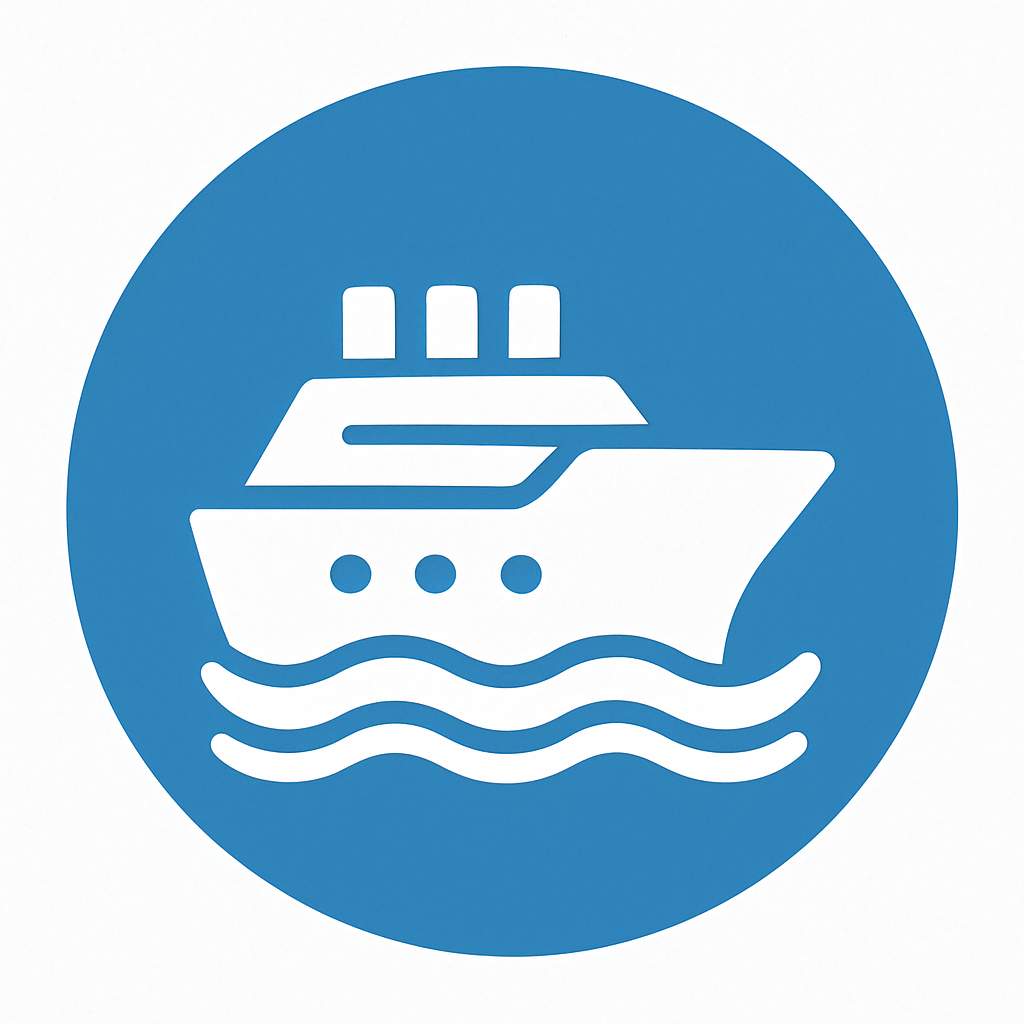 White cruise ship photo with blue circle background.