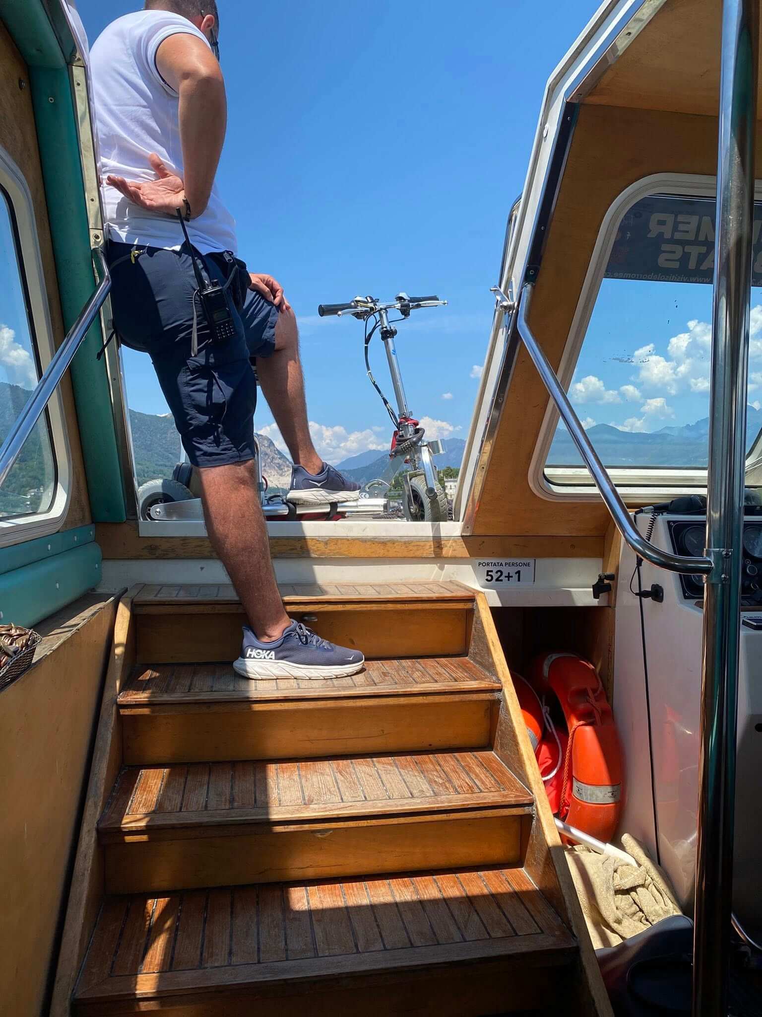 Transportation of a mobility scooter on a boat.