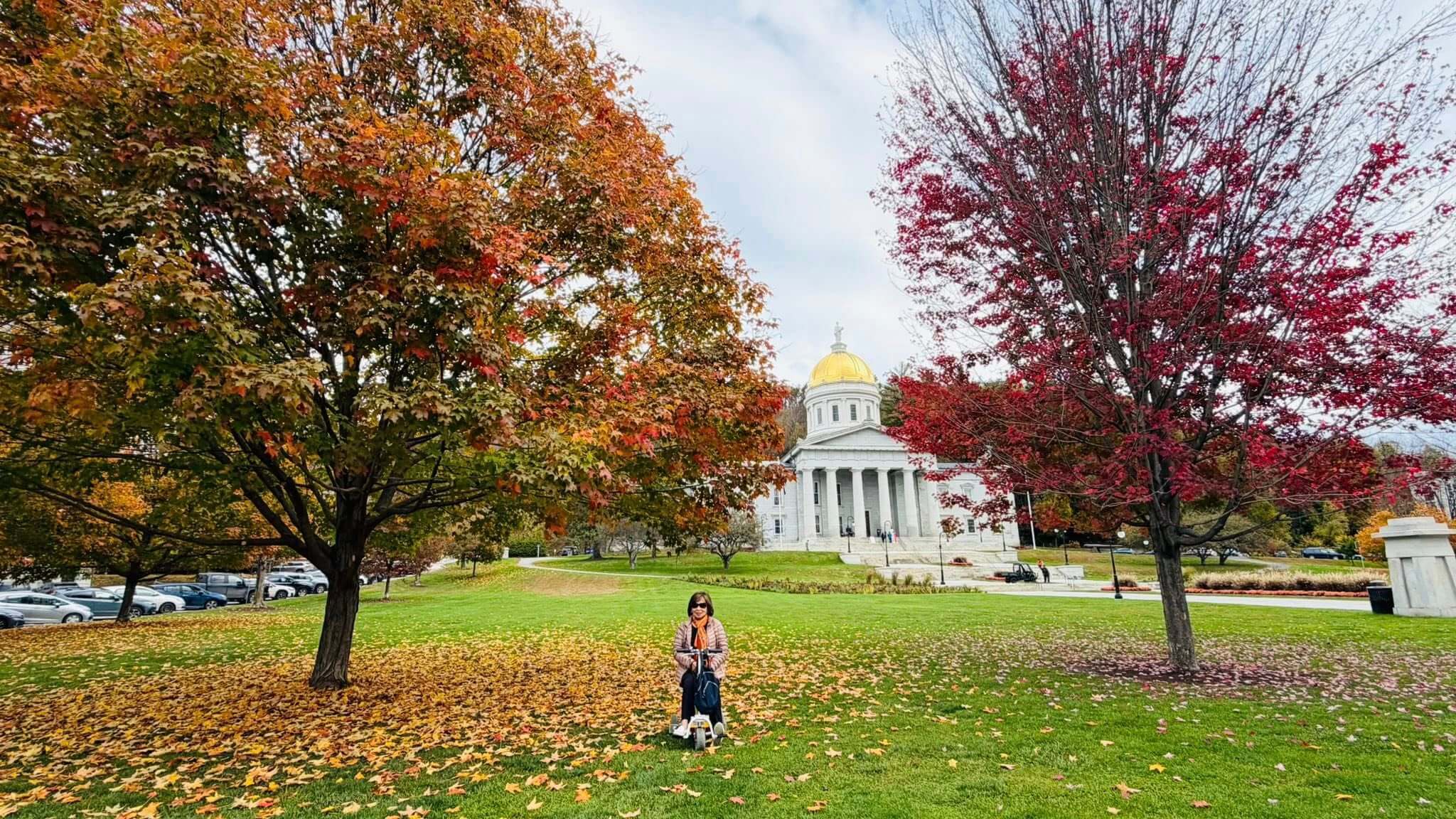 Rider on mobility scooter on grass and leaves.