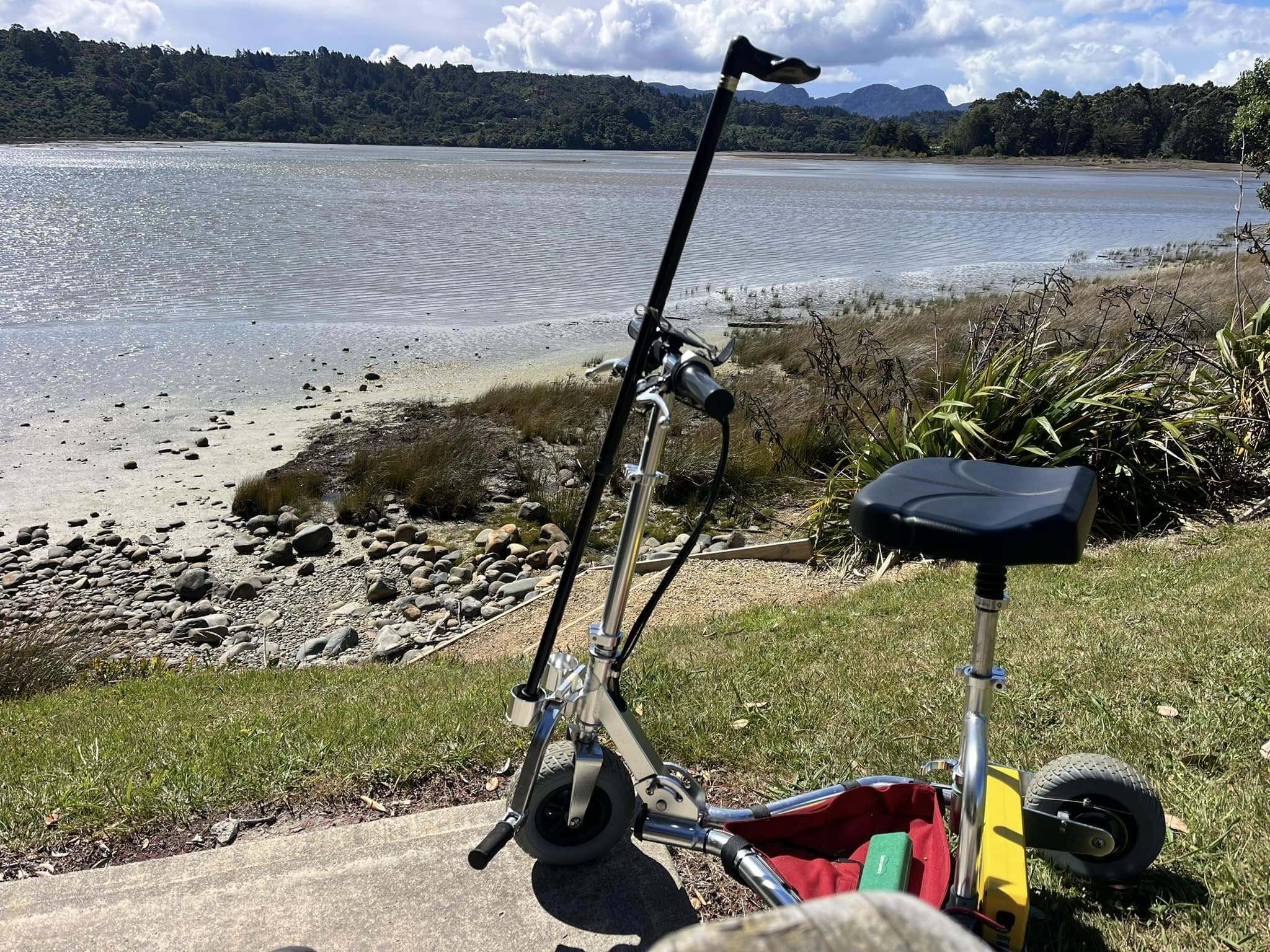 Travel scooter next to a large river with a walking cane on it.