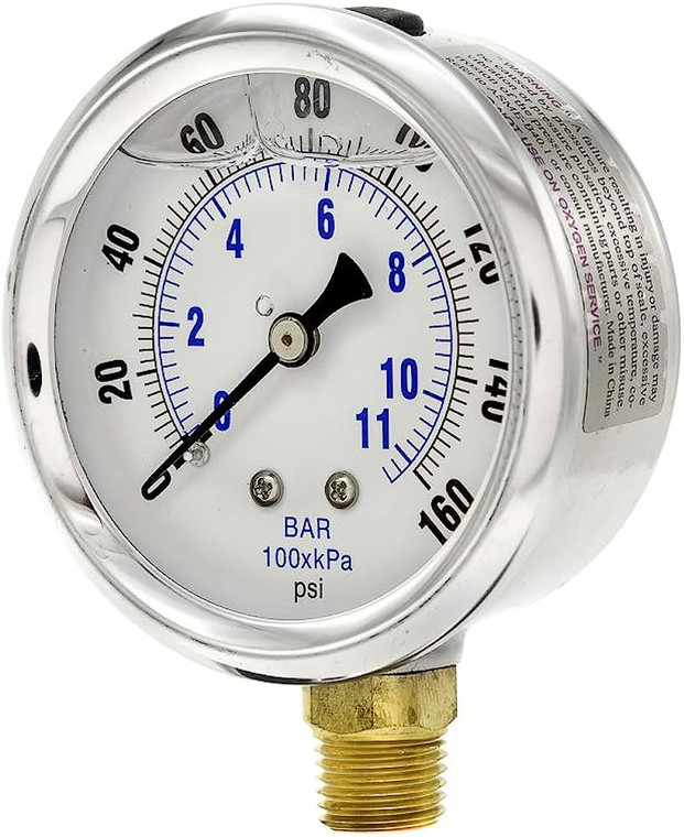 2 1/2" 0-160 PSI 1/4" LM LF 1 PC.CONNECTION BOTTOM MOUNTED OIL FILLED GAUGE