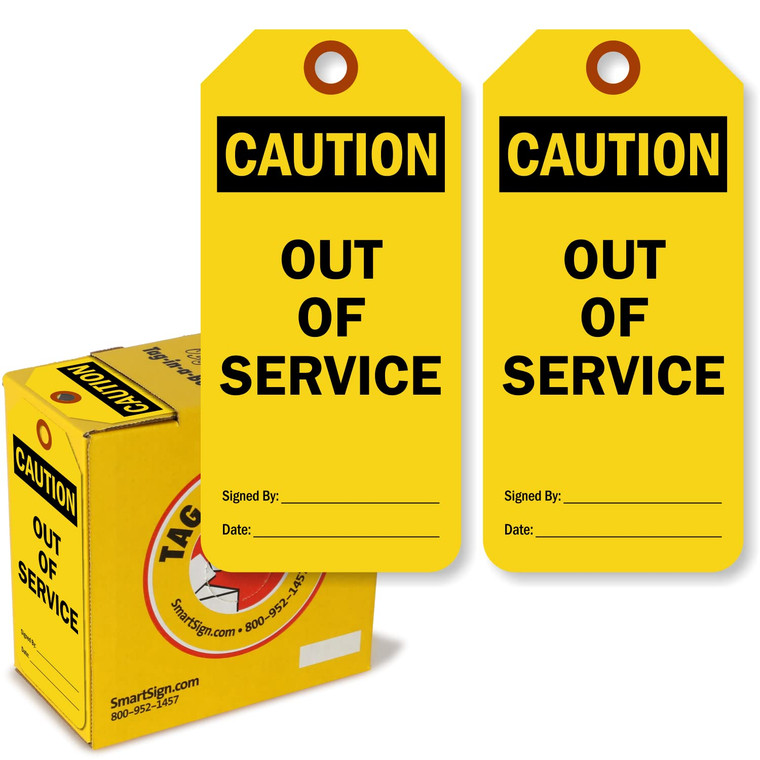 "CAUTION - OUT OF SERVICE" TAG, YELLOW AND BLACK VINYL PLASTIC, 2-SIDED, 3" X 6.25", 10 MIL