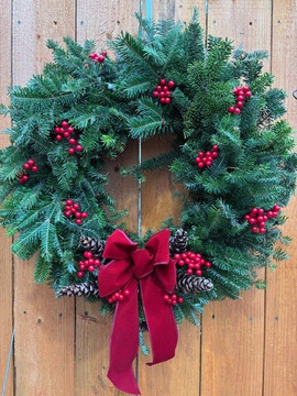 Fresh Handmade Decorated Wreath with Pinecones, Berries and Handmade Bow