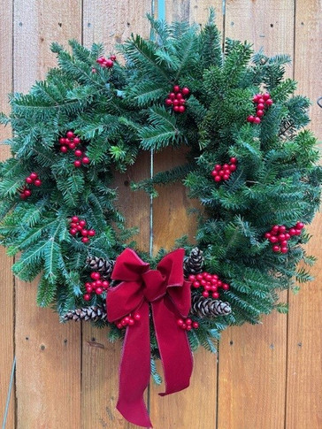 Fresh Handmade Decorated Wreath with Pinecones, Berries and Handmade Bow