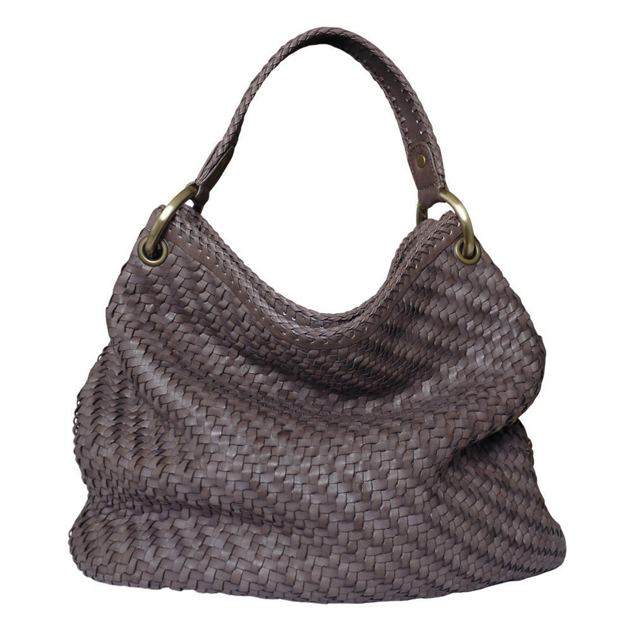 Paolo Masi Herringbone Woven Leather Hobo Bucket Bag - Brown