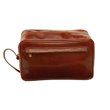 Old Angler Italian Leather Toiletry Wash Bag Brown