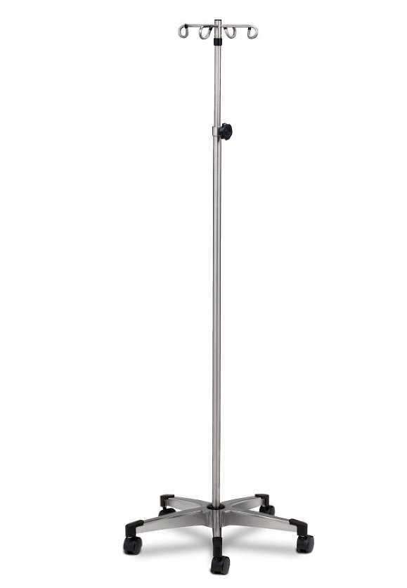 Adjustable Stainless Steel, Five-Leg, 4-Hook IV Pole