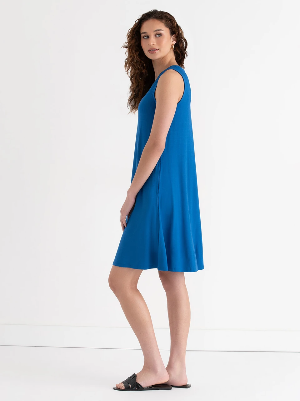 Sleeveless A-Line Dress with Pockets in Classic Blue