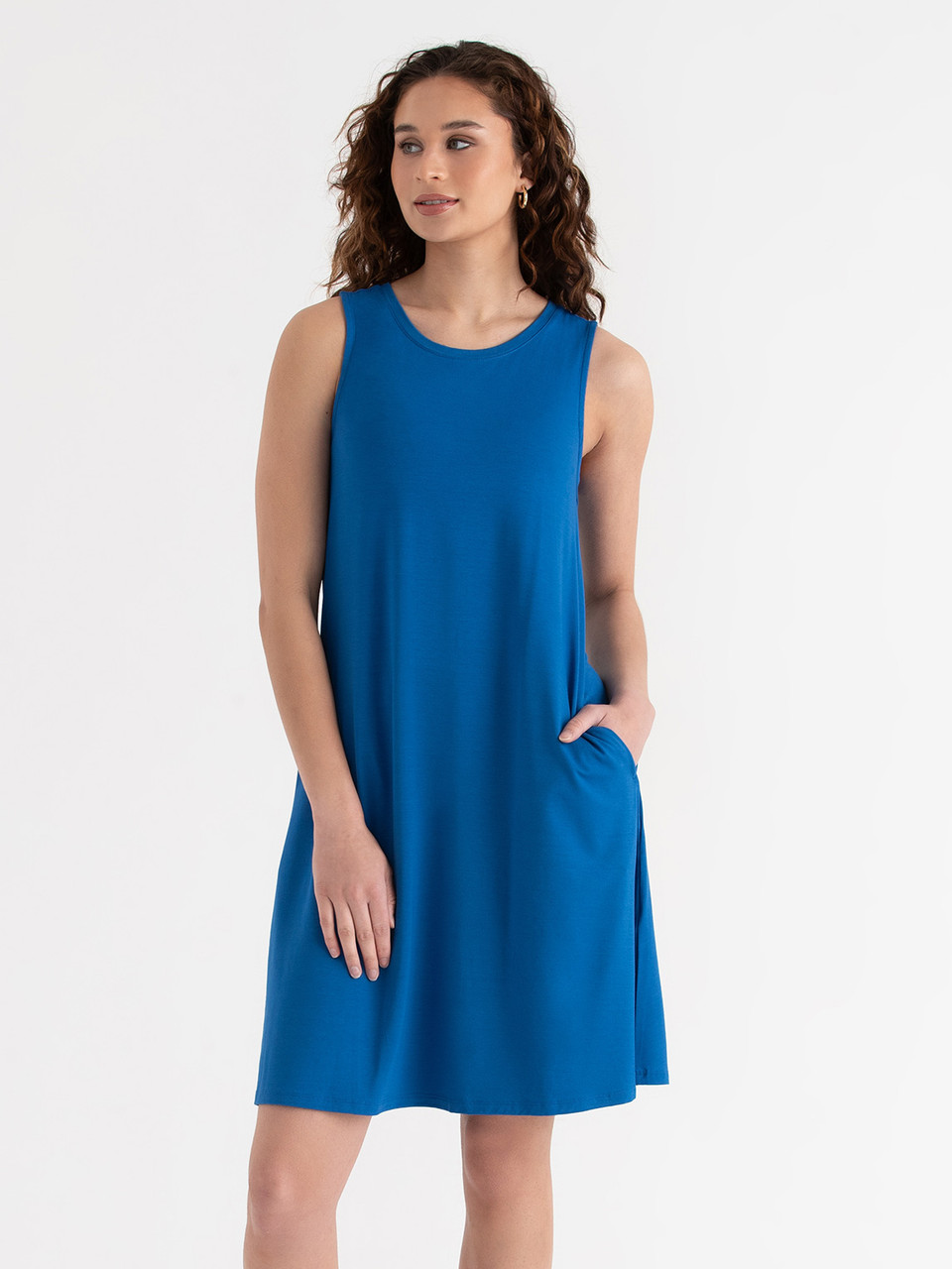 Sleeveless A-Line Dress with Pockets in Classic Blue