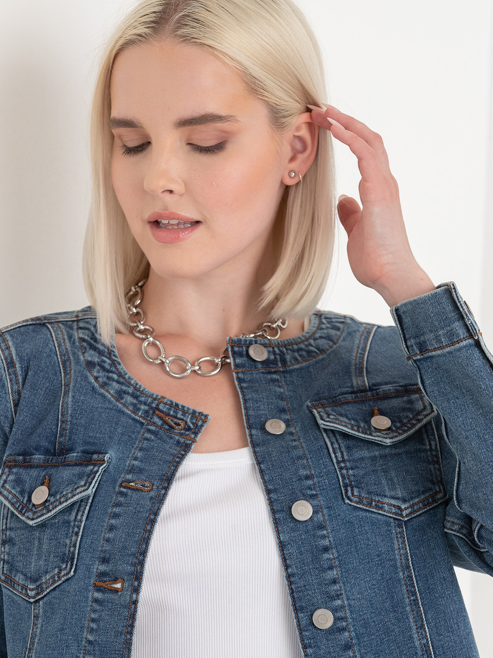 Collarless Denim Jacket