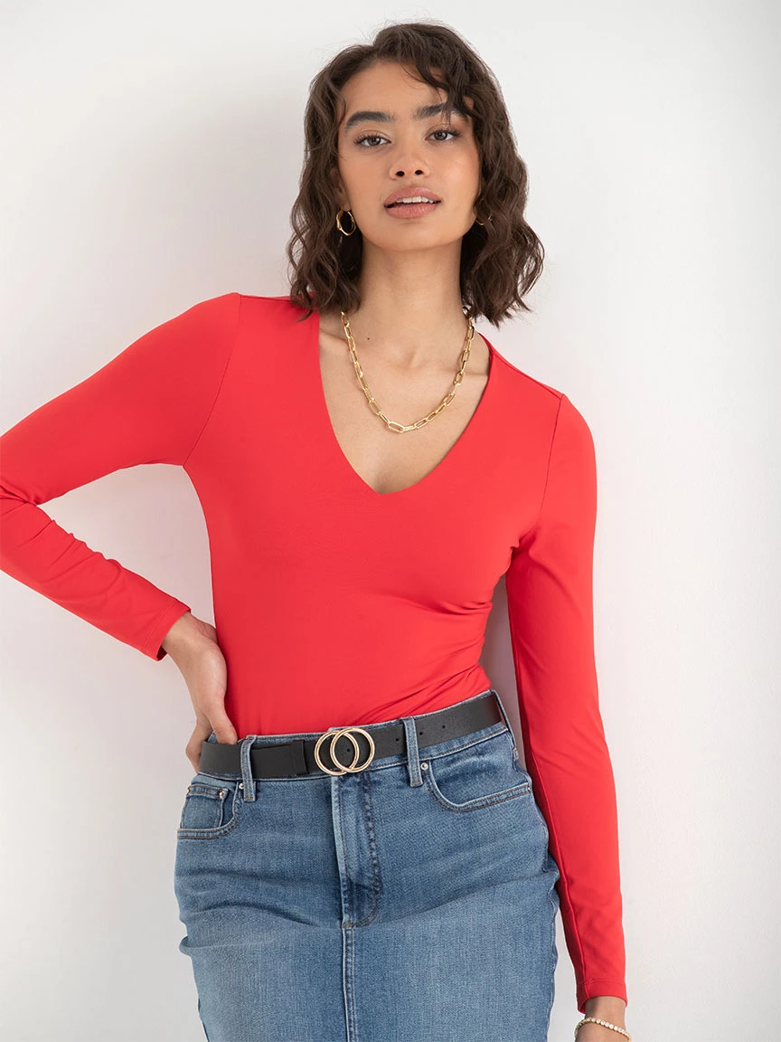 Long Sleeve V-Neck Bodysuit in Mars Red