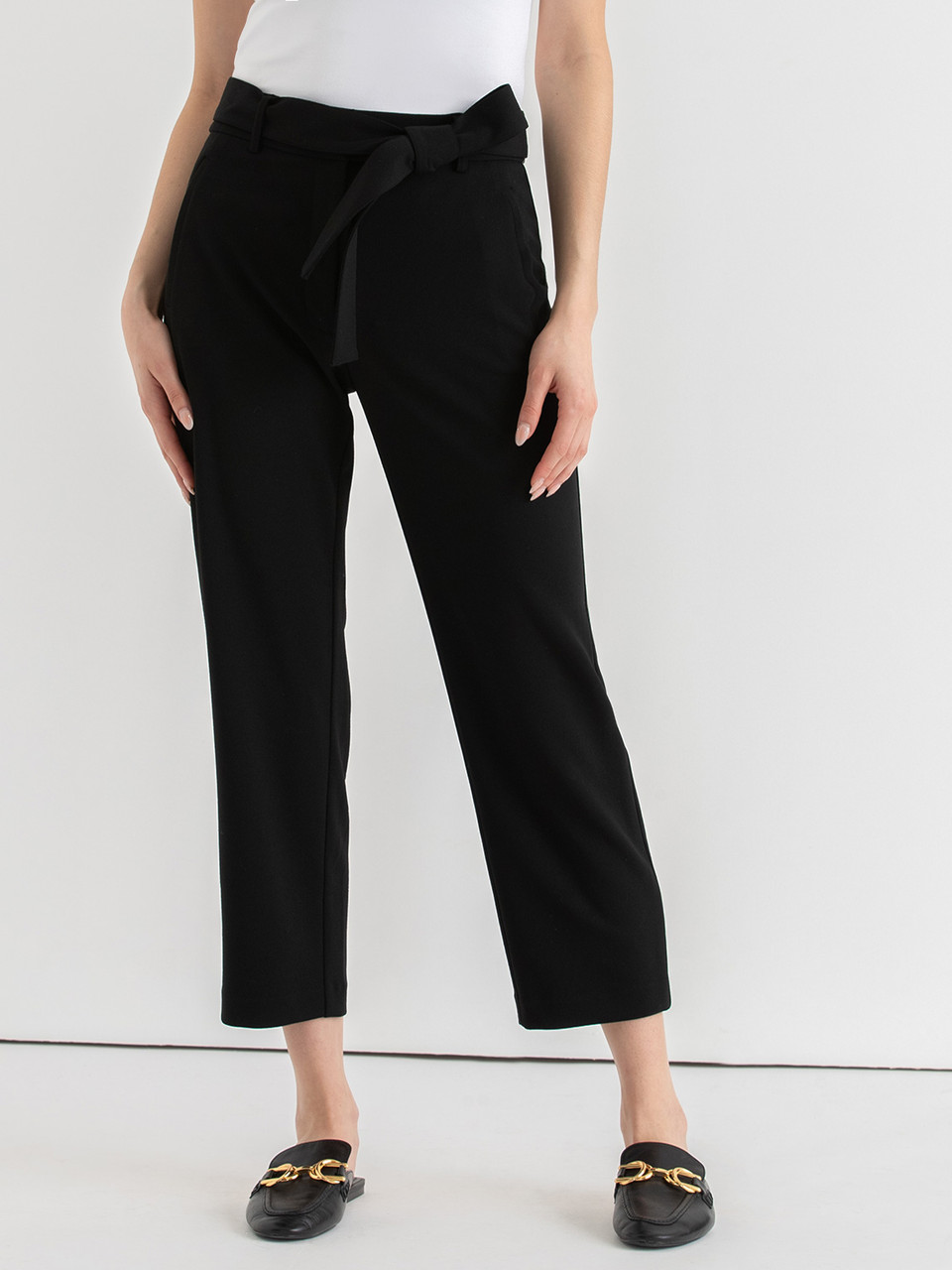 Belted Black Straight Crop Pant in Scuba Crepe