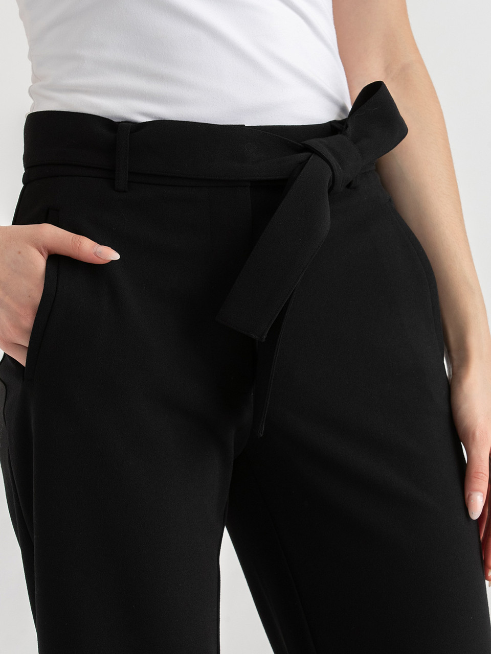 Belted Black Straight Crop Pant in Scuba Crepe