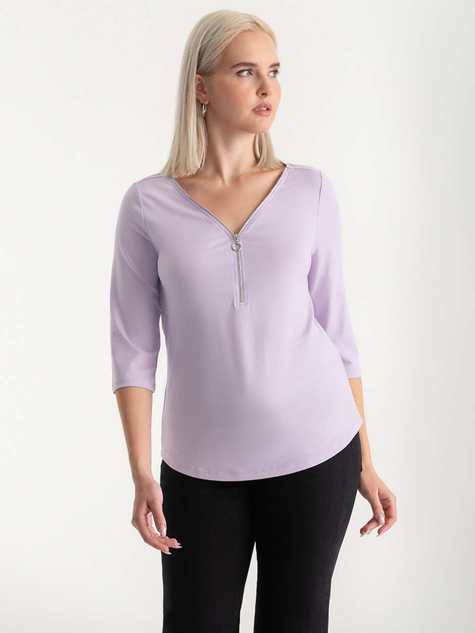 V-Neck Zipper 3/4 Sleeve Top | Rickis