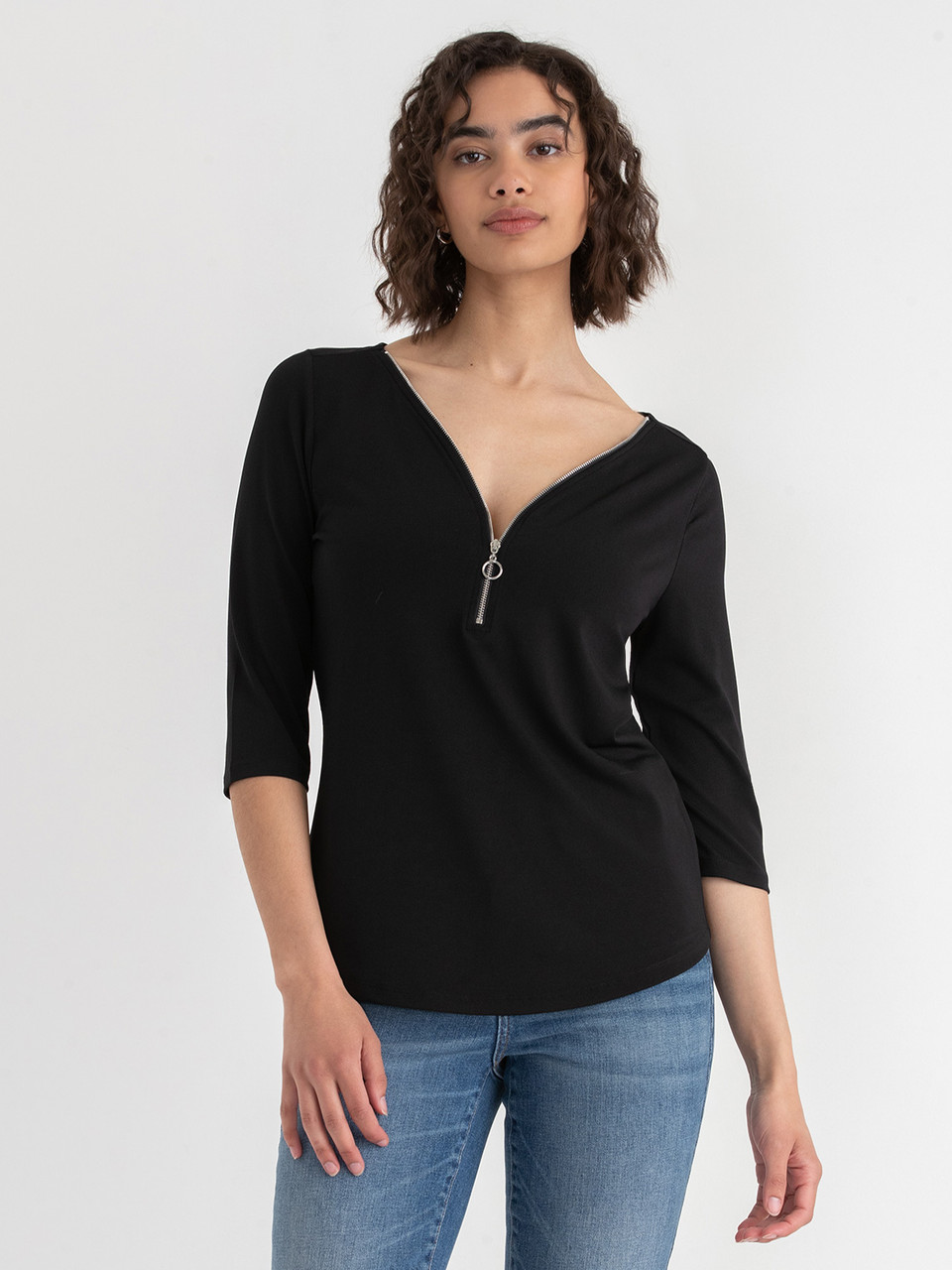 V-Neck Zipper 3/4 Sleeve Top | Rickis