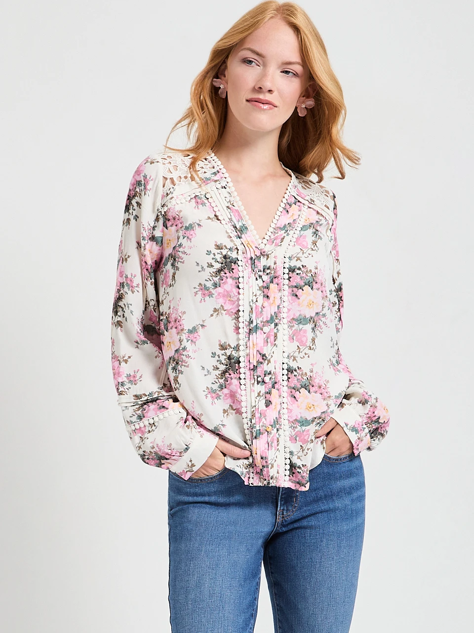 Long Sleeve Lace Trim Blouse