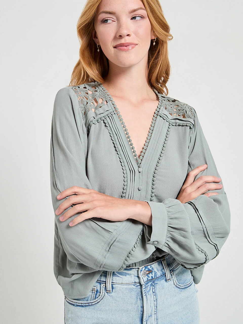 Long Sleeve Lace Trim Blouse