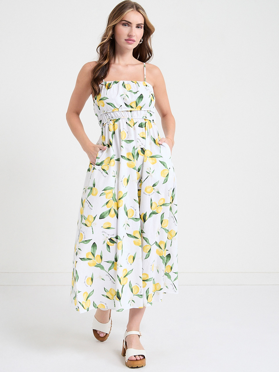 Strappy Smocked Poplin Midi Dress