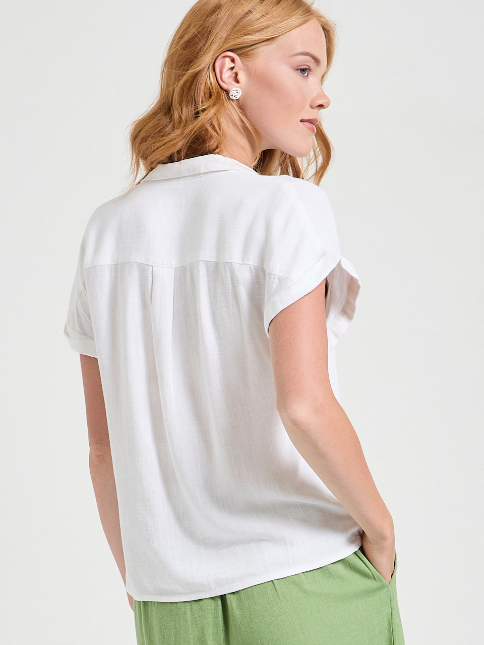 Short Sleeve Linen Button Up Blouse in White
