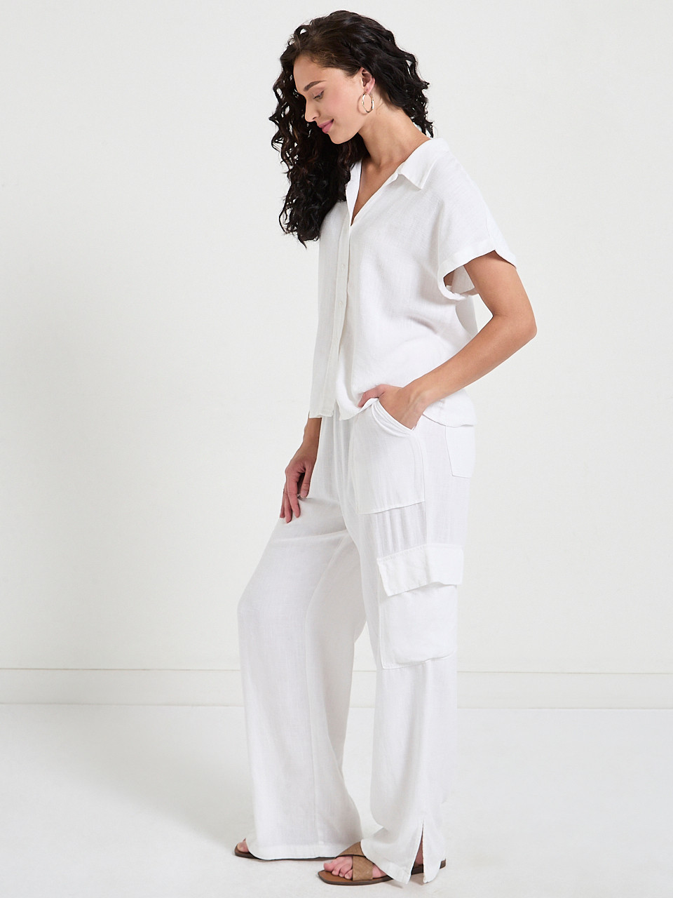 Short Sleeve Linen Button Up Blouse in White