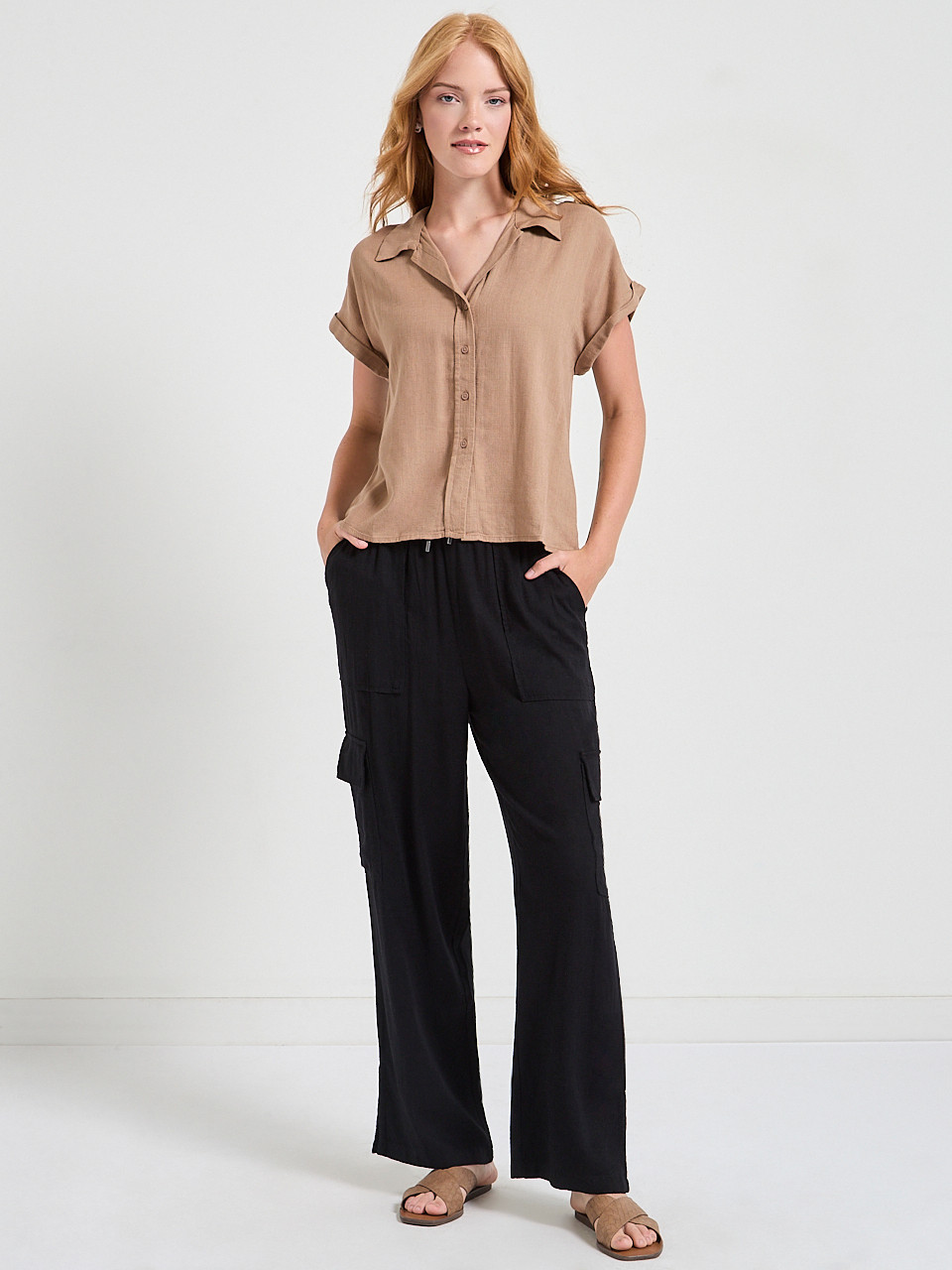 Short Sleeve Linen Button Up Blouse in Sinopia Fresco