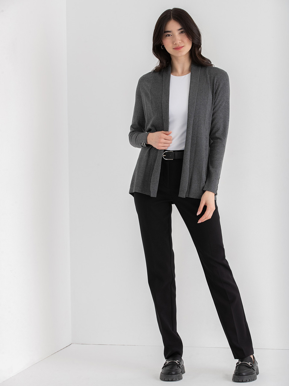Cardigan with Side Tab Buttons in Dark Charcoal