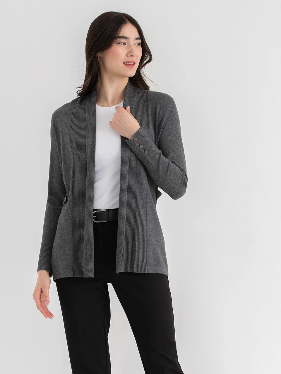 Cardigan with Side Tab Buttons in Dark Charcoal