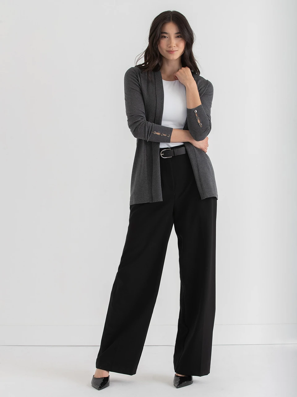 Cardigan with Side Tab Buttons in Dark Charcoal
