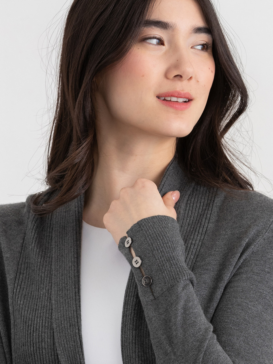 Cardigan with Side Tab Buttons in Dark Charcoal