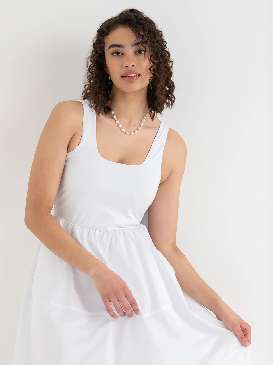 Sleeveless Mix Media Midi Dress in White