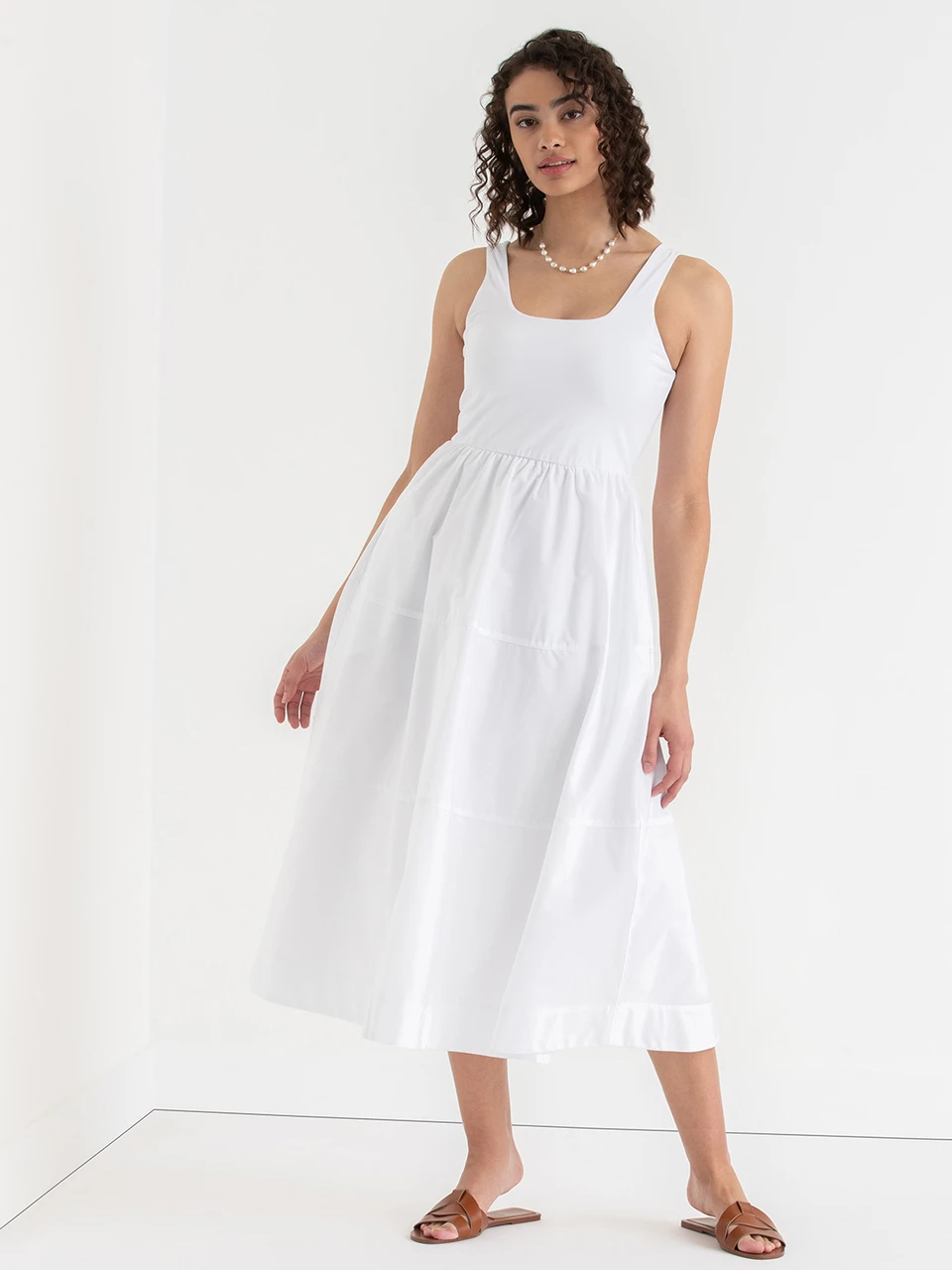 Sleeveless Mix Media Midi Dress in White