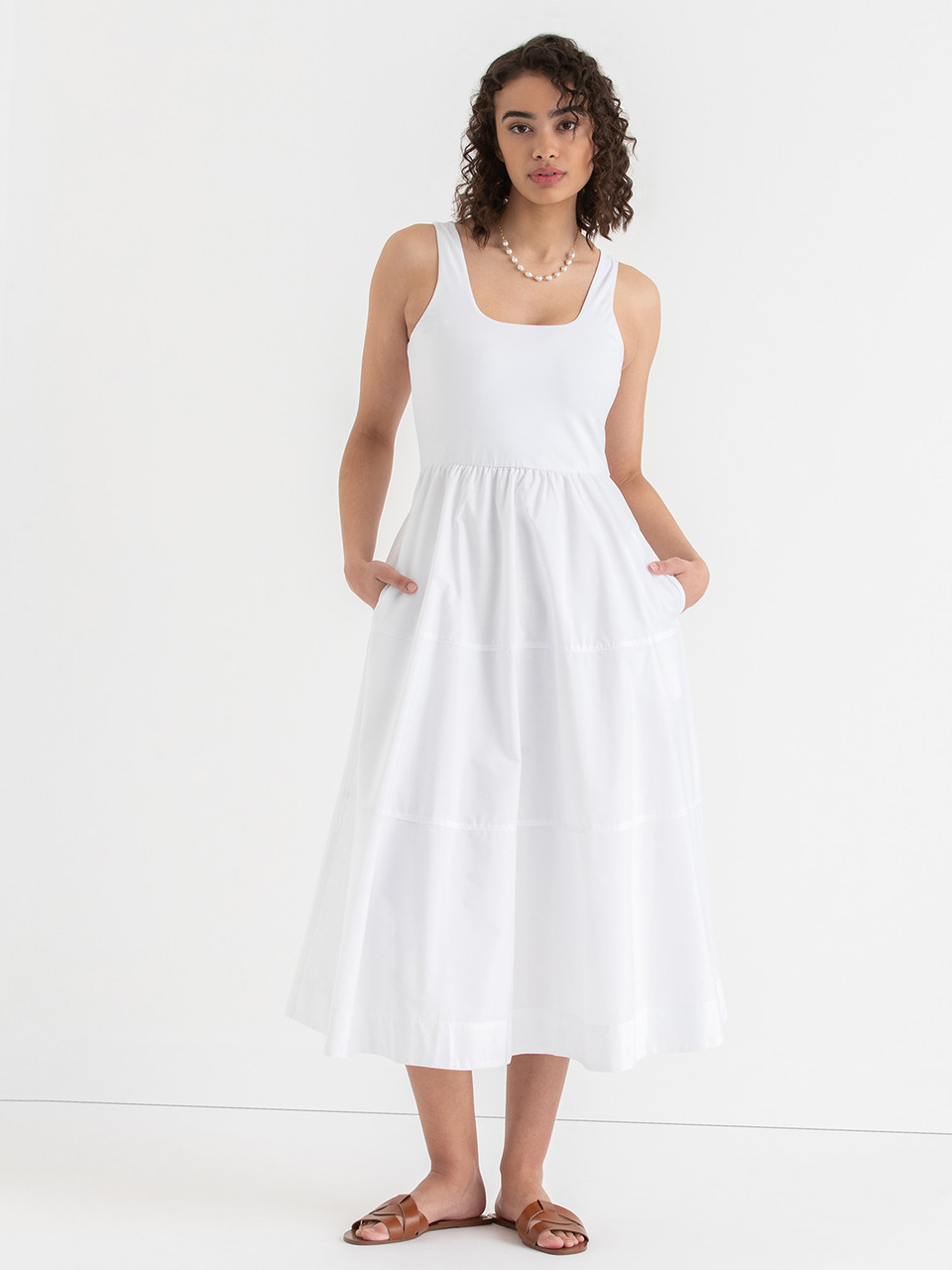 Sleeveless Mix Media Midi Dress in White