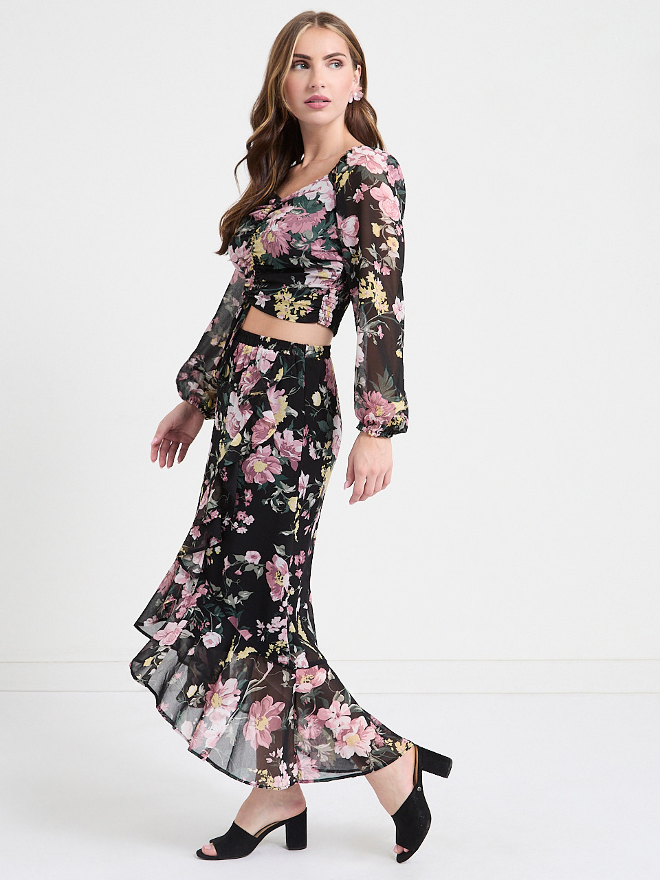 Chiffon Ruffle Midi Skirt Black Grand Floral