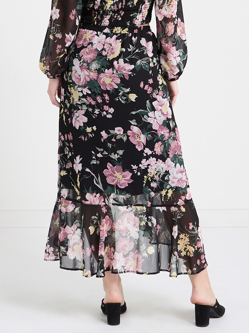 Chiffon Ruffle Midi Skirt in Black Grand Floral