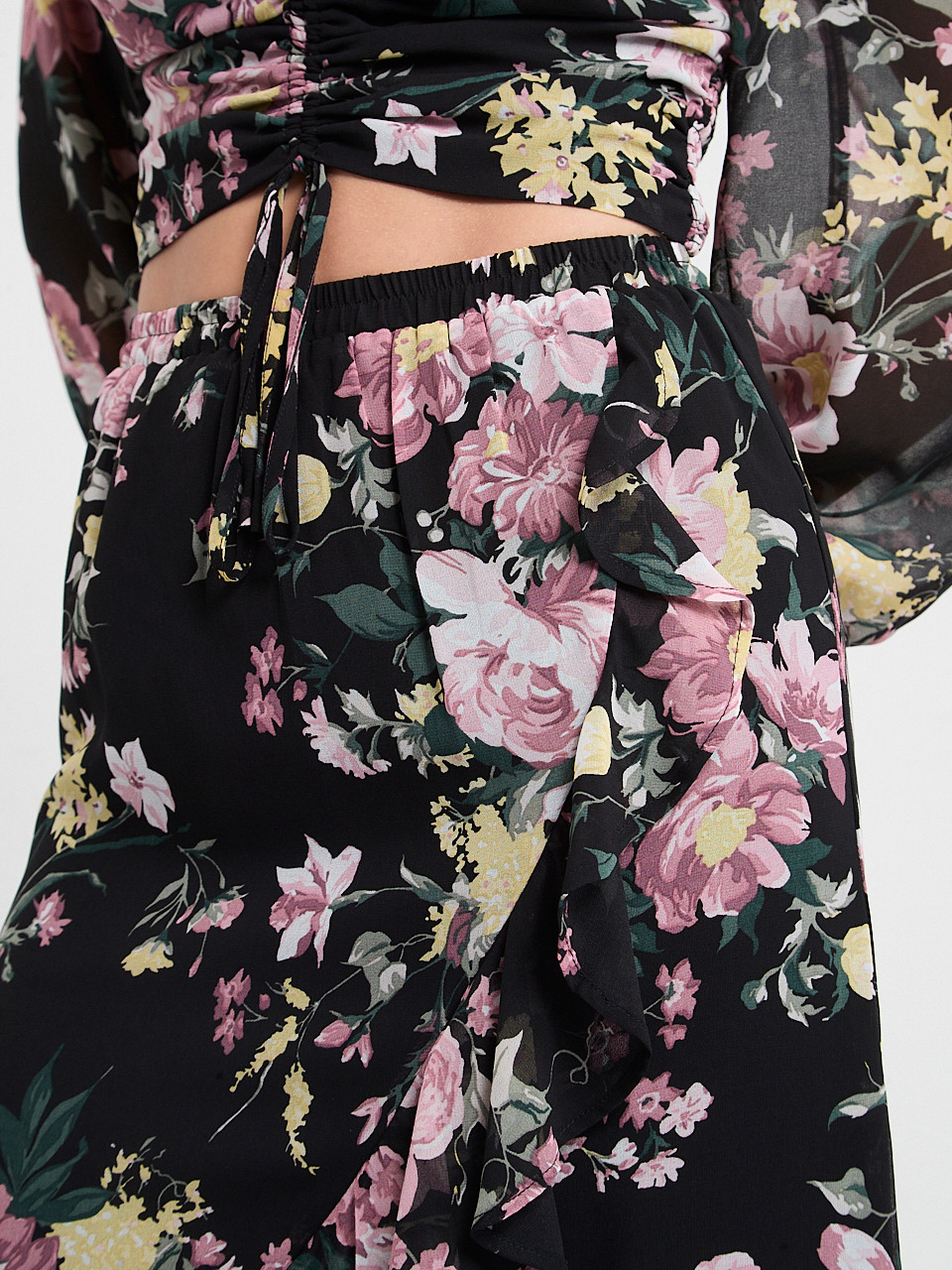 Chiffon Ruffle Midi Skirt in Black Grand Floral
