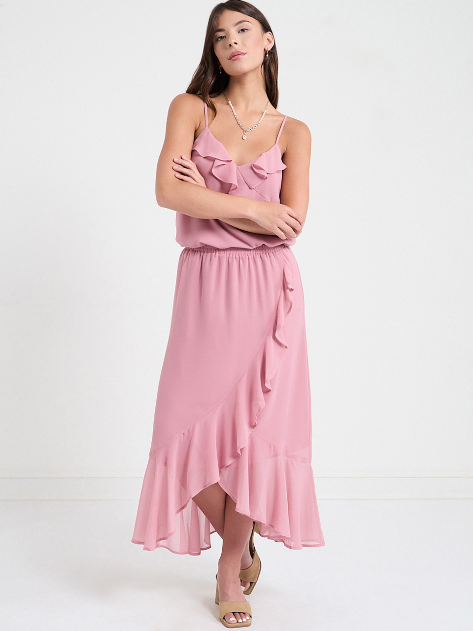 Chiffon Ruffle Midi Skirt in Lilas