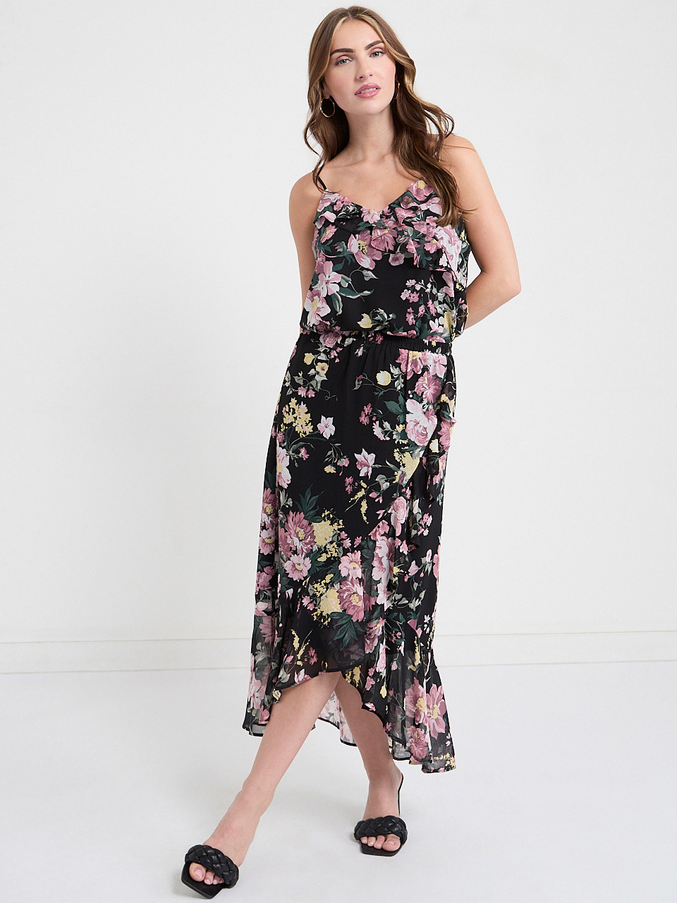 Ruffle Cami Blouse in Black Grand Floral Print