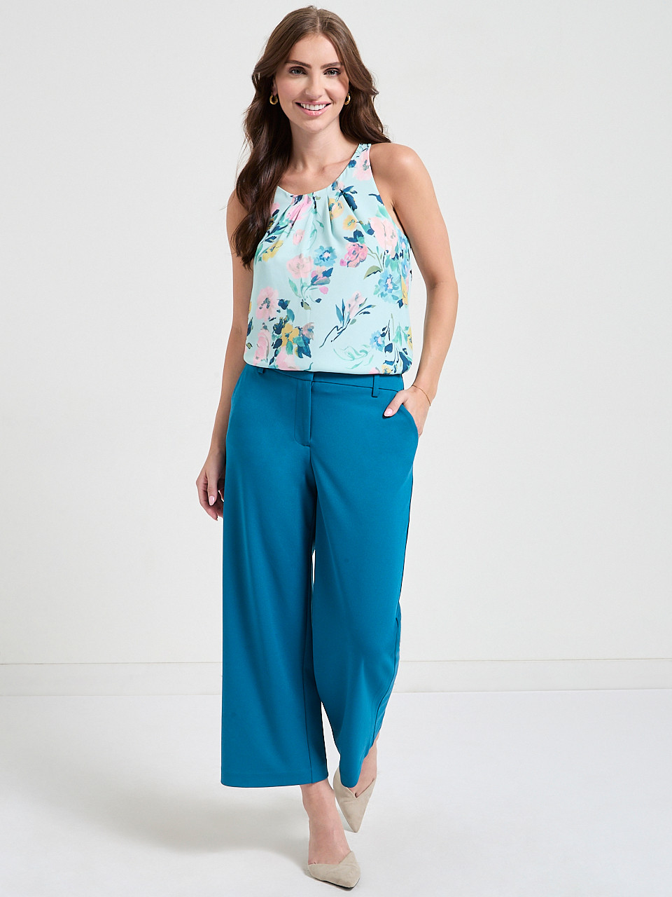 Paulina Pleat Neck Sleeveless Blouse Pastel Blue Florals