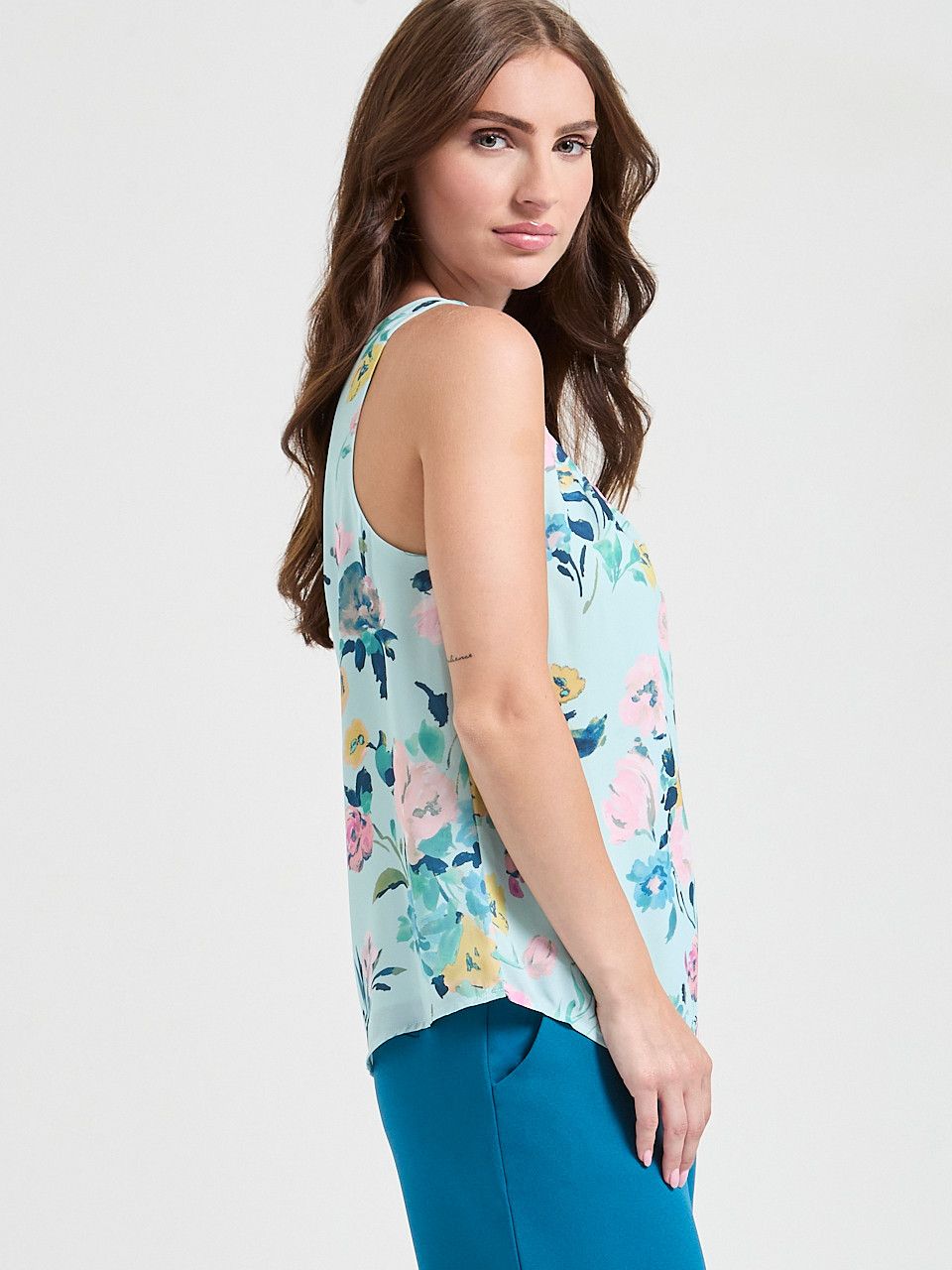 Paulina Pleat Neck Sleeveless Blouse Pastel Blue Florals