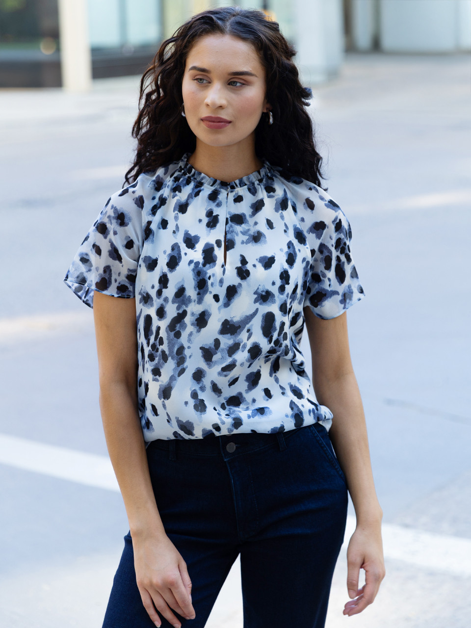 Short Flutter Sleeve Chiffon Blouse Blue Animal