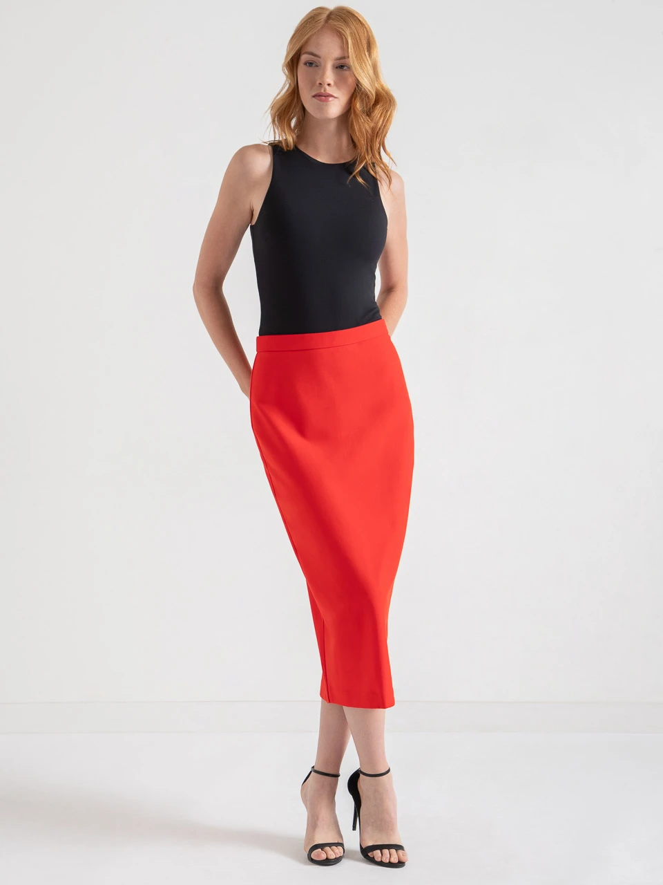 Midi Pencil Skirt in Luxe Ponte in Fiery Red