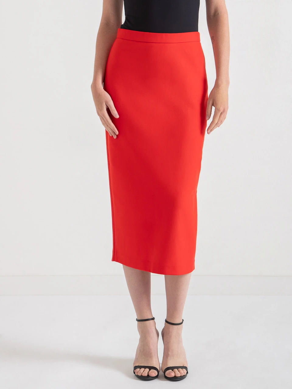 Midi Pencil Skirt in Luxe Ponte in Fiery Red