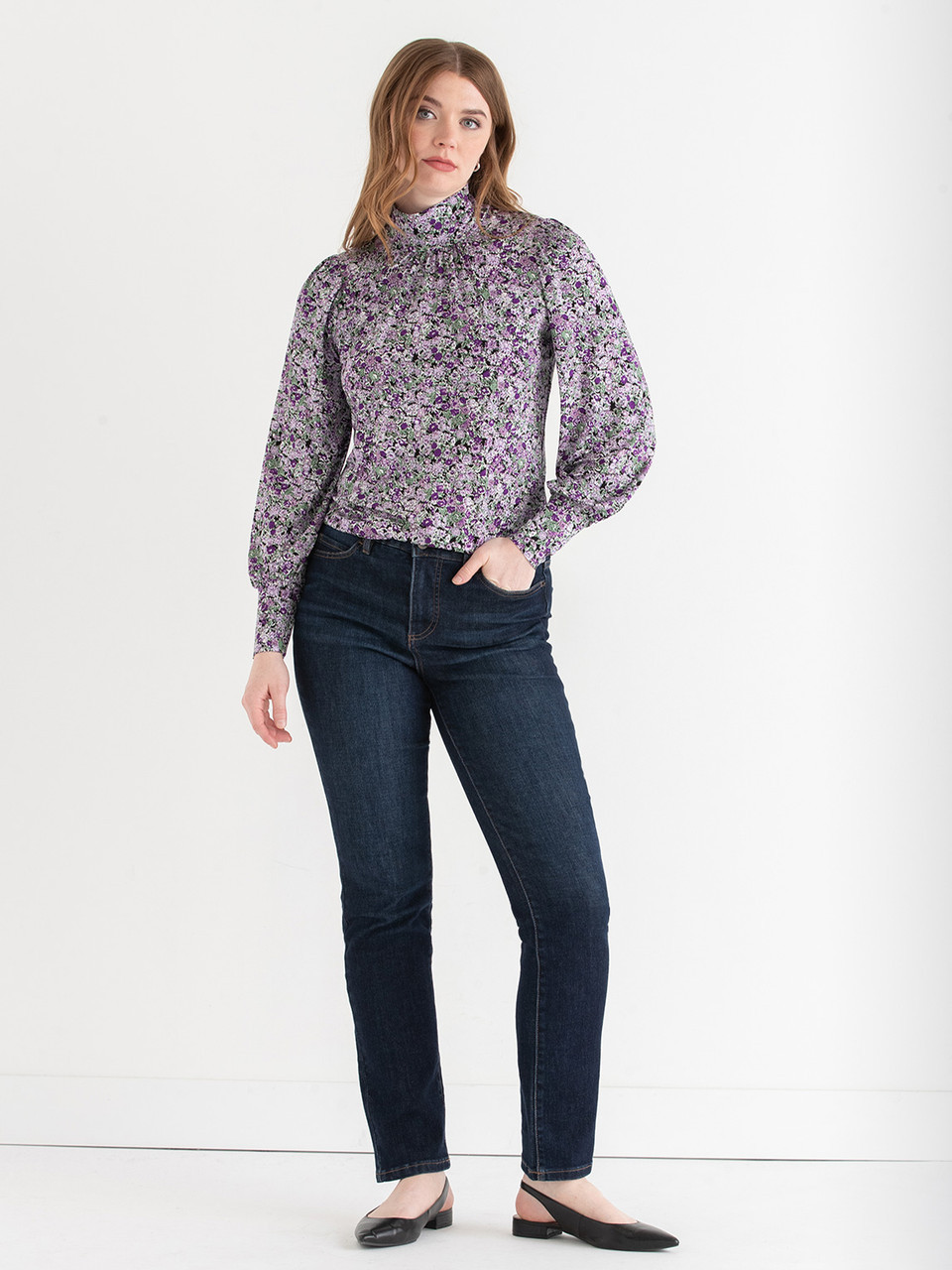Mock Neck Top in Purple Floral