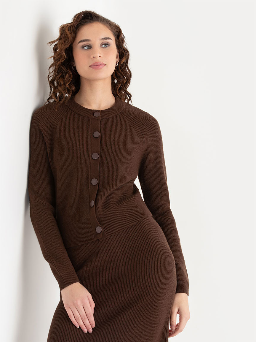 Ribbed Button Front Cardigan Chicory Coffee