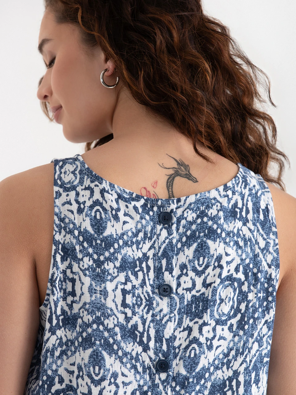 Linen Tank with Back Buttons in Blue Print