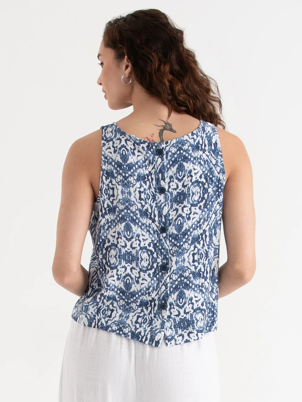 Linen Tank with Back Buttons in Blue Print