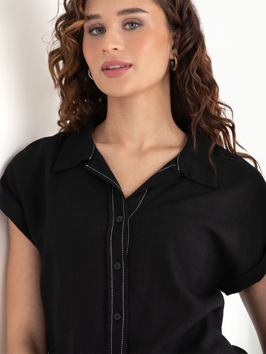 Short Sleeve Linen Button Up Blouse in Black