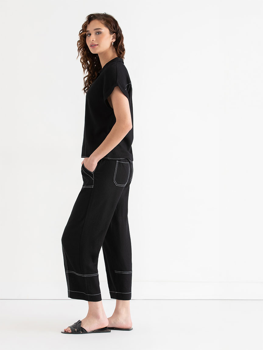 Short Sleeve Linen Button Up Blouse in Black