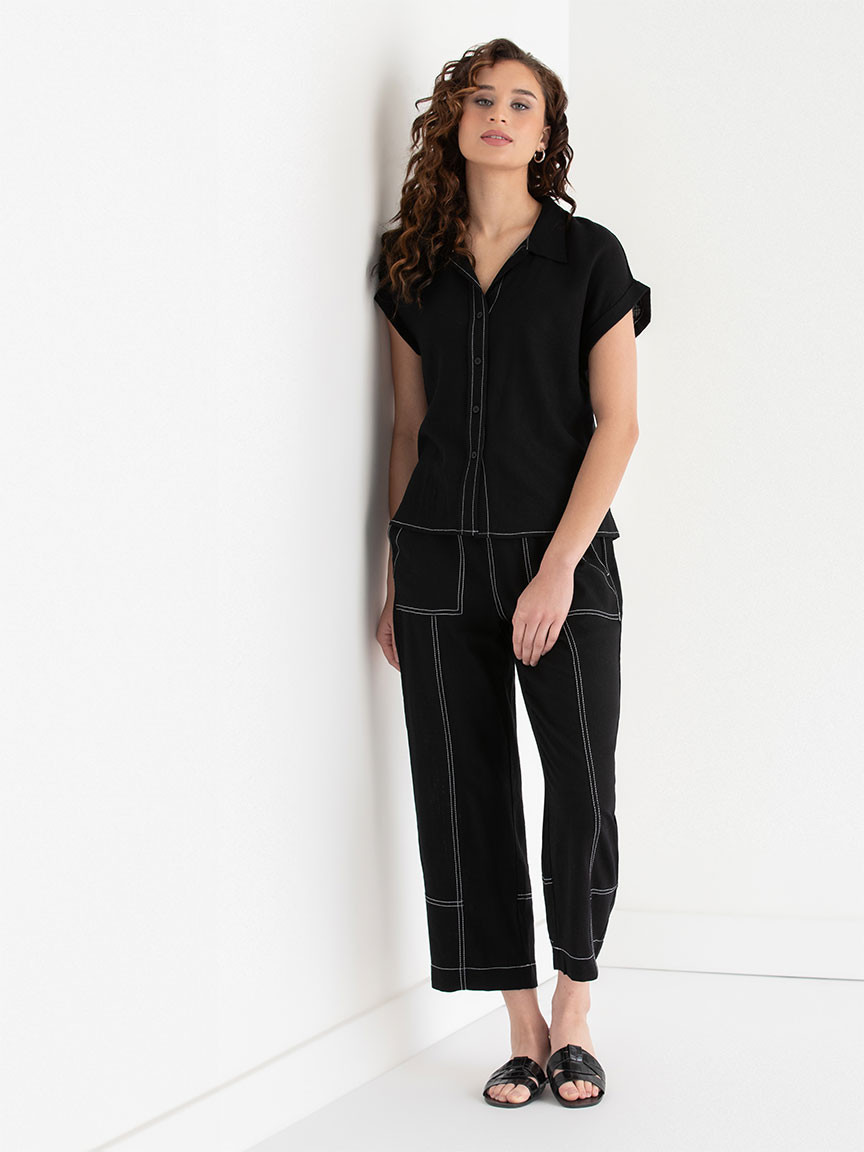 Short Sleeve Linen Button Up Blouse in Black