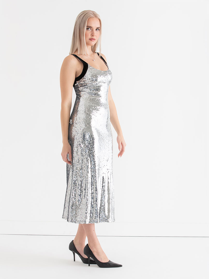 Sequin Midi Dress in Silver Sequins